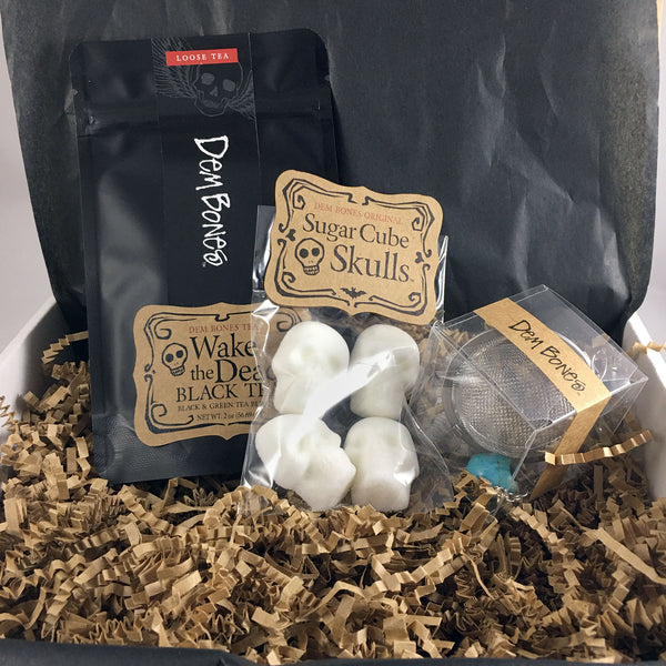 Tea Git Box, Wake the Dead Tea, Skull Sugar Cubes, Tea Infuser Ball