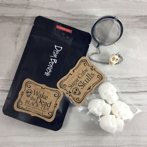Tea Git Box, Wake the Dead Tea, Skull Sugar Cubes, Tea Infuser Ball