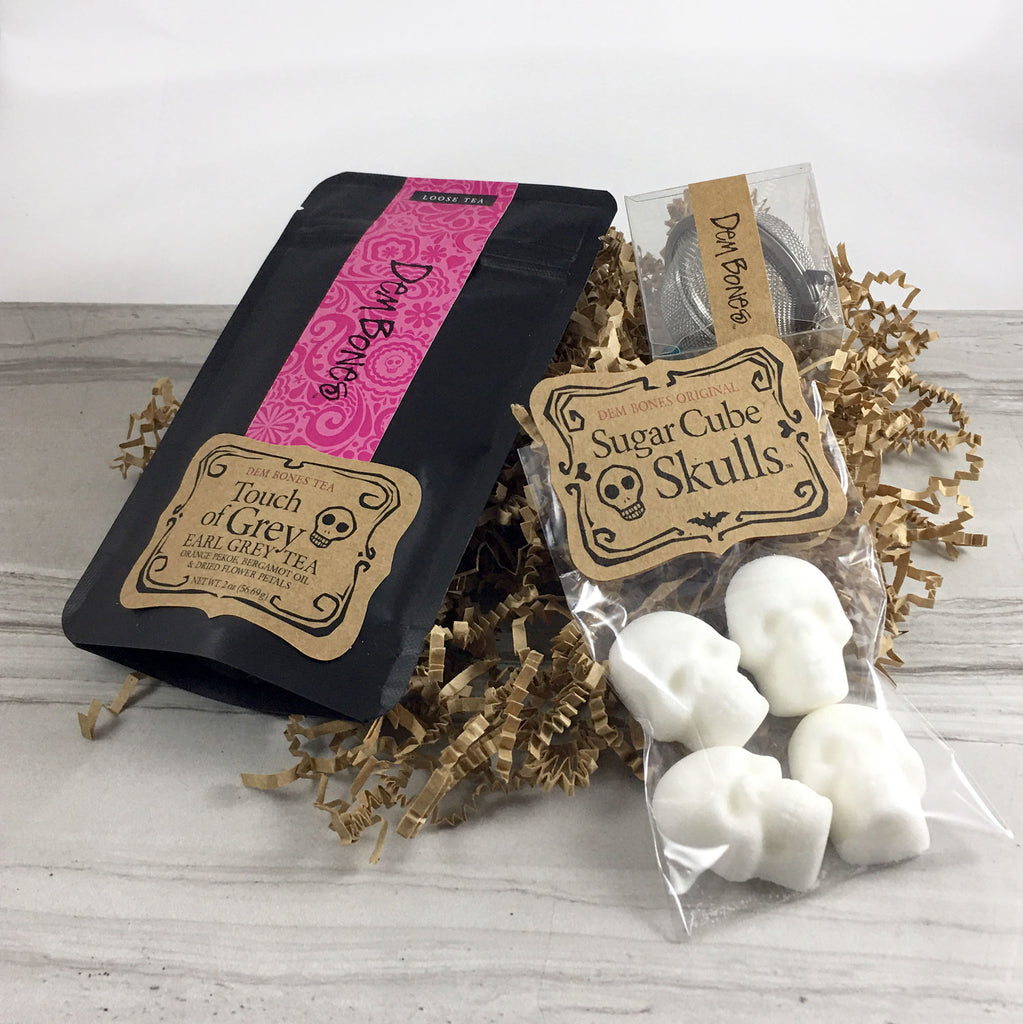 Tea in Black and Pink Bag, Skull Sugar Cubes, Tea Ball on crinkle