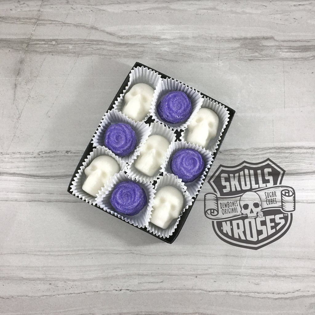 Skulls-N-Roses Sugar Cubes, Skull Shaped Sugar Cubes with Purple Roses