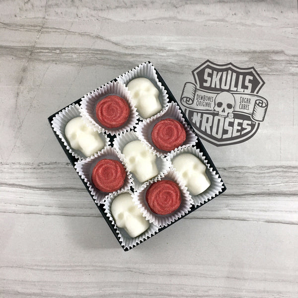 Skulls-N-Roses Sugar Cubes, Skull Shaped Sugar Cubes with Purple Roses